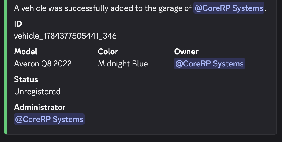 Discord administrator result for adding an unregistered Averon Q8 2022 in Midnight Blue