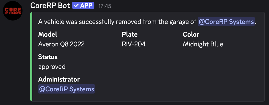 Discord administrator result showing the approved Averon Q8 2022 with plate RIV-204 was removed