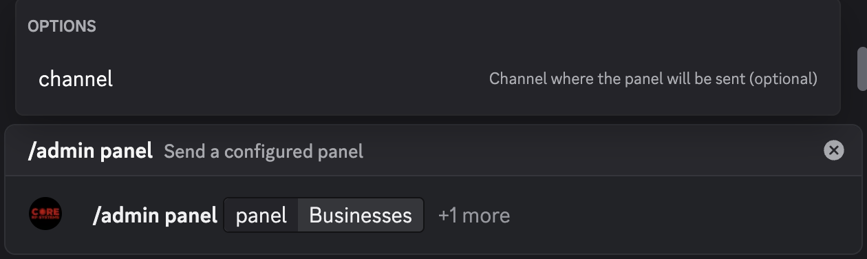 Discord admin panel command with Businesses selected and the optional channel field available