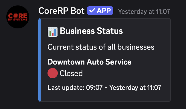 CoreRP public Business Status panel showing Downtown Auto Service as Closed
