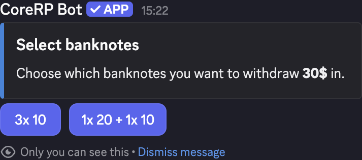 Discord private ATM banknote choices for a 30-dollar withdrawal