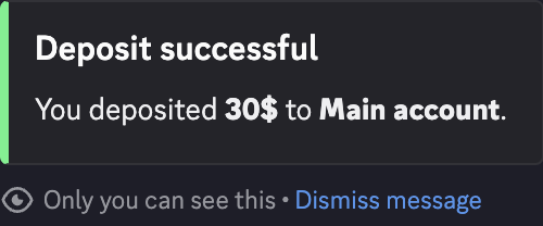 Discord private ATM confirmation showing a successful 30-dollar deposit to the main account