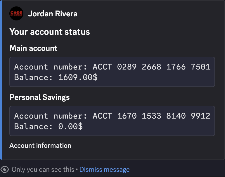 CoreRP private account summary for Jordan Rivera showing the Main account at 1609 dollars and Personal Savings at zero