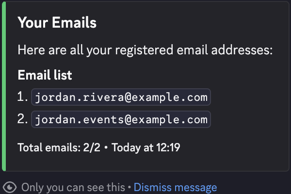 CoreRP private Your Emails result listing jordan.rivera@example.com and jordan.events@example.com with Total emails 2 of 2