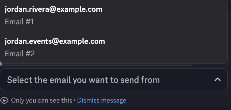Private CoreRP sender selector listing jordan.rivera@example.com and jordan.events@example.com