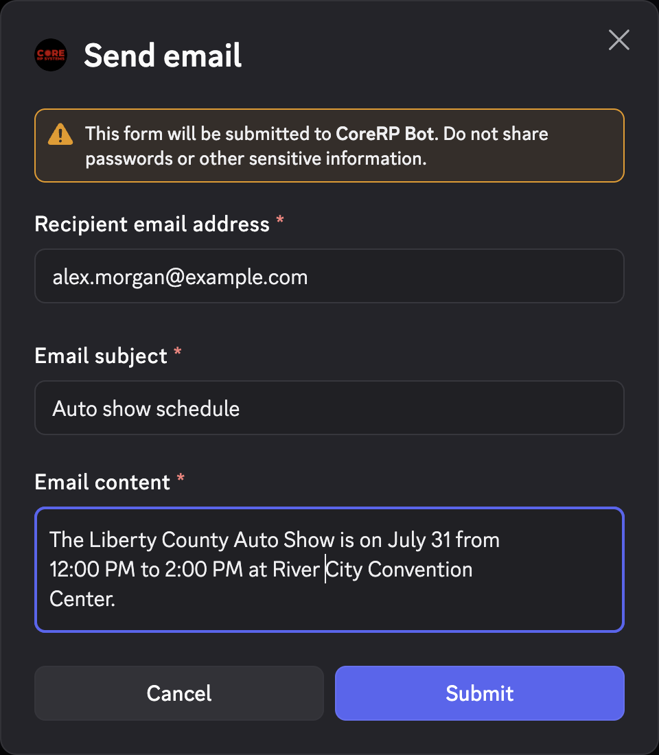 CoreRP Send email modal addressed to alex.morgan@example.com with the subject Auto show schedule and the Liberty County Auto Show schedule