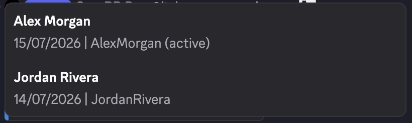 Discord character selector listing Jordan Rivera as active and Alex Morgan as the other available character