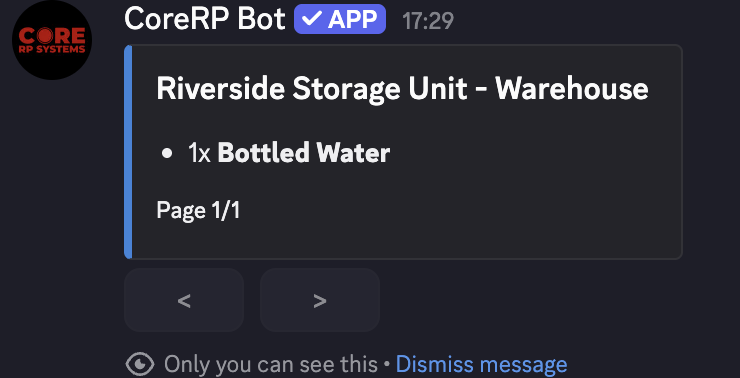 Discord storage contents showing one Bottled Water in the Riverside Storage Unit warehouse