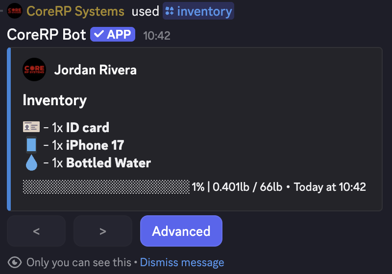 Private CoreRP inventory for Jordan Rivera showing an ID card, iPhone 17, and Bottled Water in Basic view