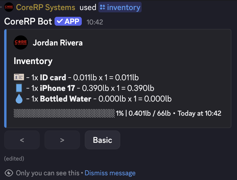 Private CoreRP inventory for Jordan Rivera showing the per-item calculations for an ID card, iPhone 17, and Bottled Water in Advanced view