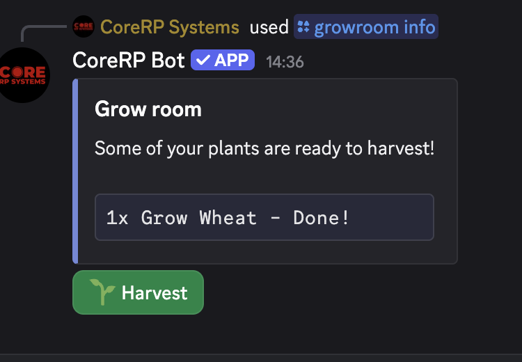 Discord Grow room panel showing the Grow Wheat recipe as Done and the Harvest button