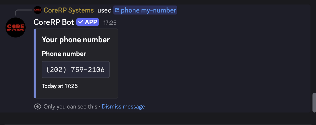 CoreRP private Your phone number result showing the same generated USA - California number under Phone number