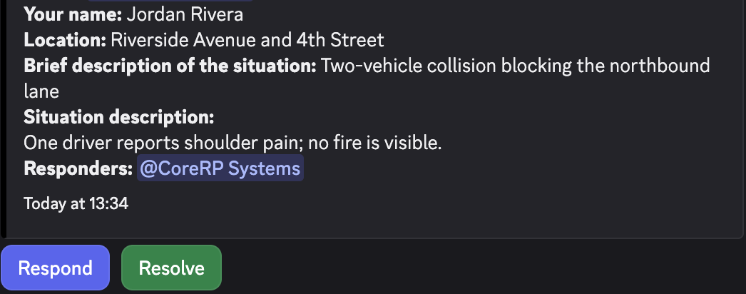 CoreRP dispatch report with Respond and Resolve controls and a responder listed beneath the report details