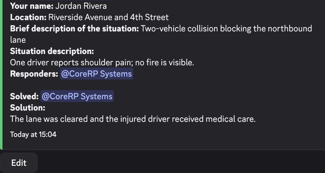 Discord solved emergency dispatch report showing Jordan Rivera, the responder, solution, and Edit button