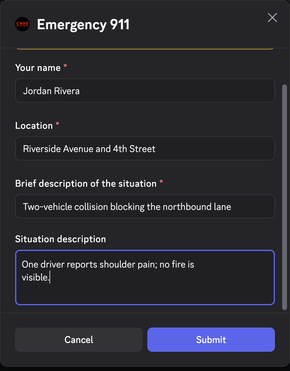 Discord emergency-call form completed for a two-vehicle collision on Riverside Avenue