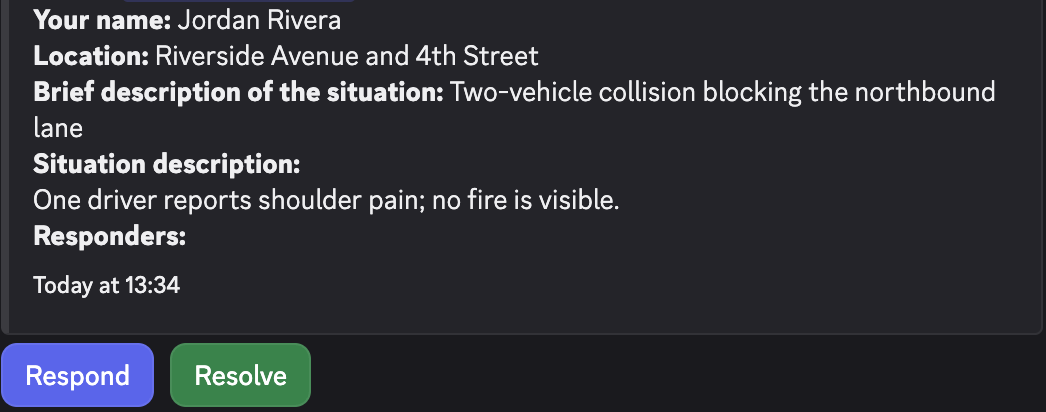 CoreRP dispatch report showing the submitted emergency details and Respond and Resolve buttons