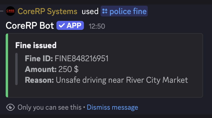 Discord private fine result showing the record ID, amount, and unsafe-driving reason