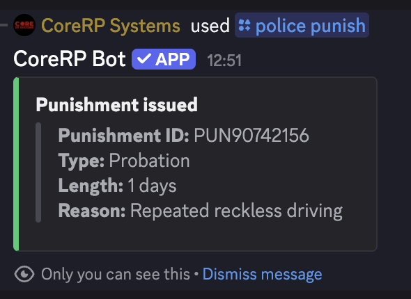 Discord private probation result showing the record ID, one-day length, and reason