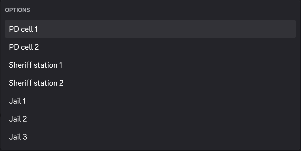 Discord police jail command showing the seven available cell choices and the action selector