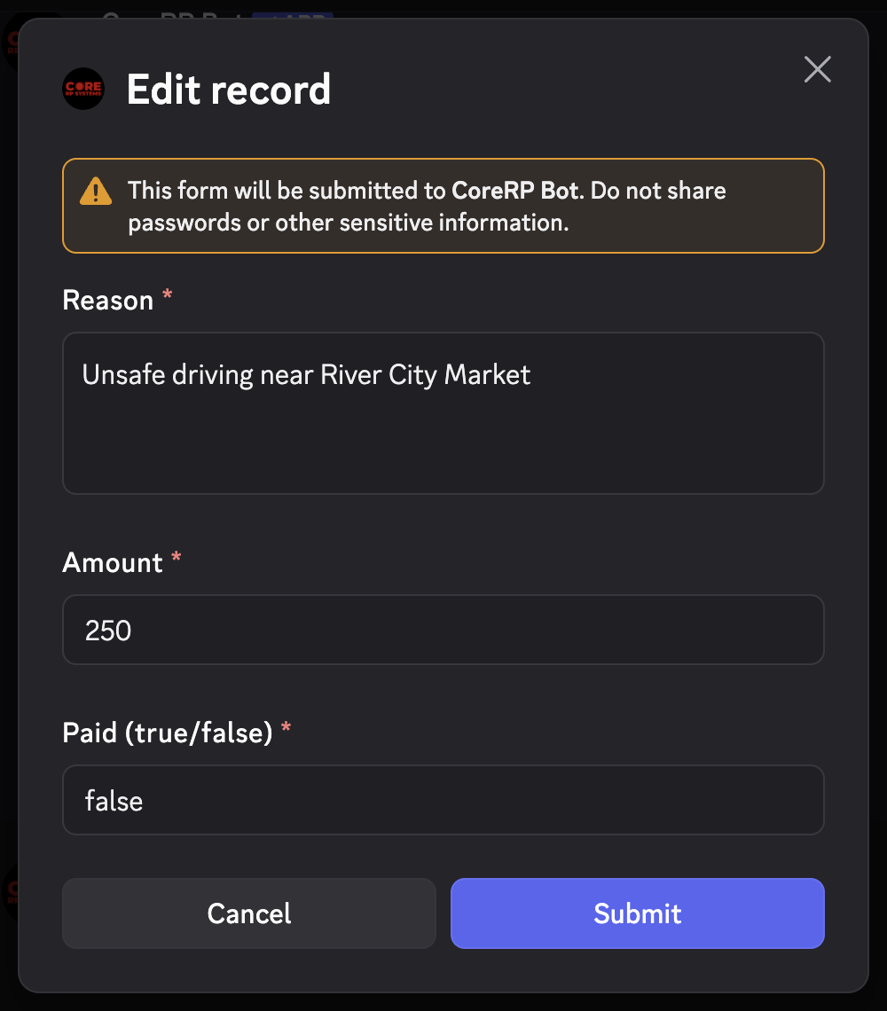 CoreRP fine Edit record modal showing the unsafe-driving reason, amount 250, and Paid set to false