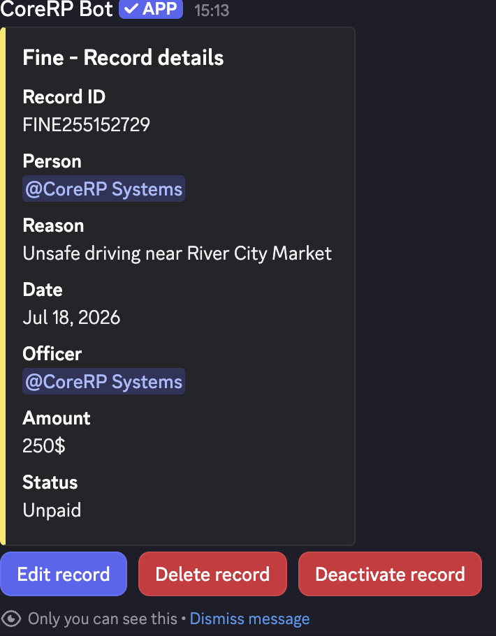 Discord fine record detail with Edit record, Delete record, and Deactivate record controls