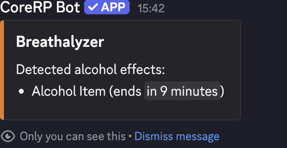 Discord private Breathalyzer result showing an active Alcohol Item effect