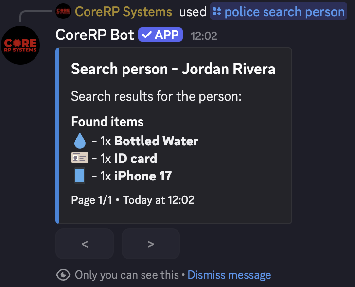 Private CoreRP person search showing a citizen's visible inventory