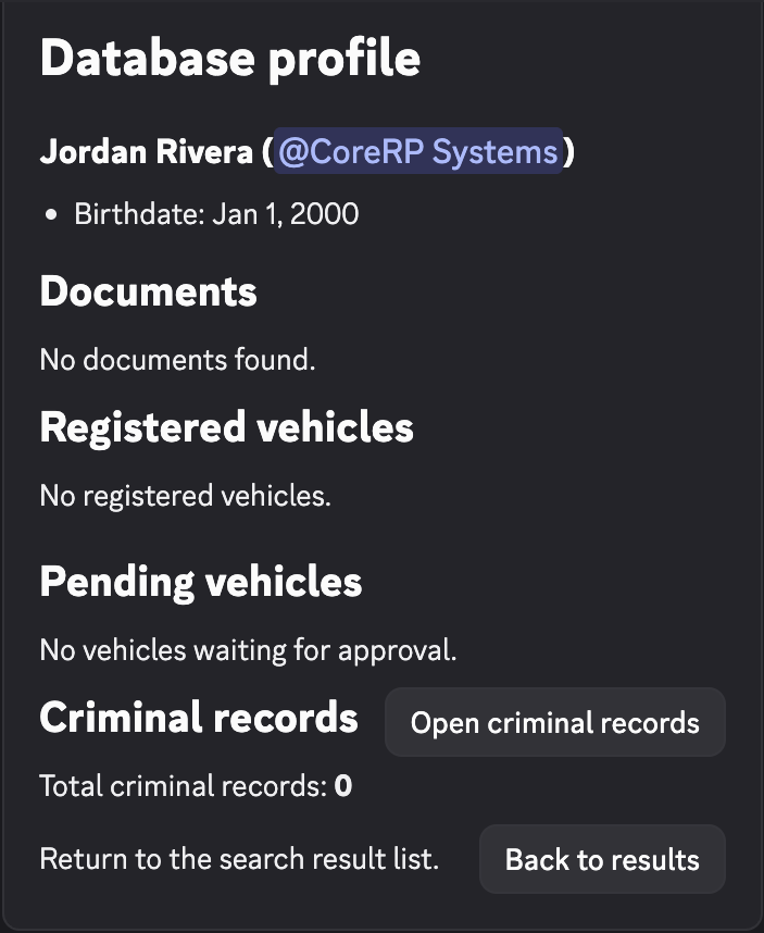 Public CoreRP database profile showing a citizen's documents, vehicles, and record count