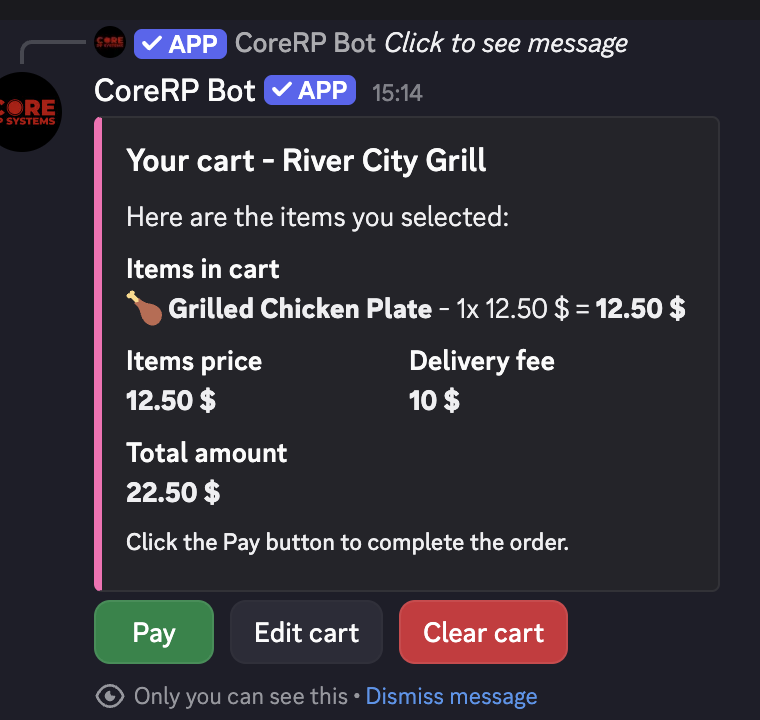 Private CoreRP restaurant cart showing Grilled Chicken Plate, the delivery fee, and the total amount