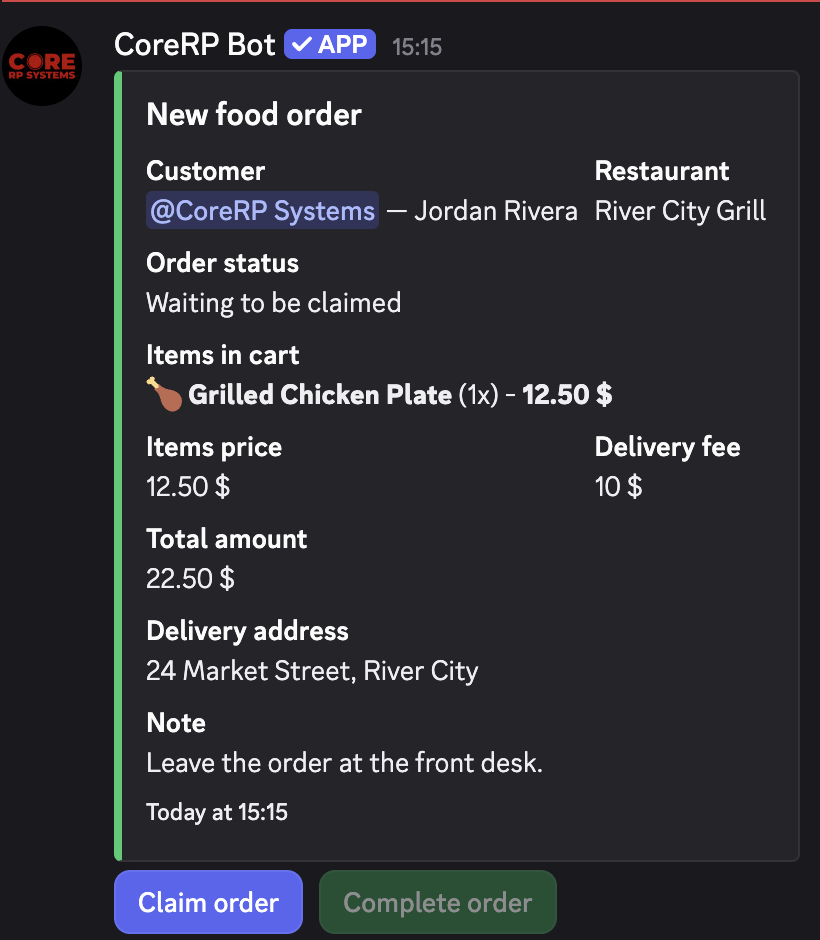 CoreRP Restaurants log thread showing eligible staff mentions and the complete New food order embed