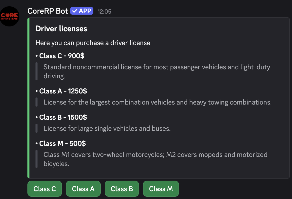 Driver licences panel with four licence choices and their prices