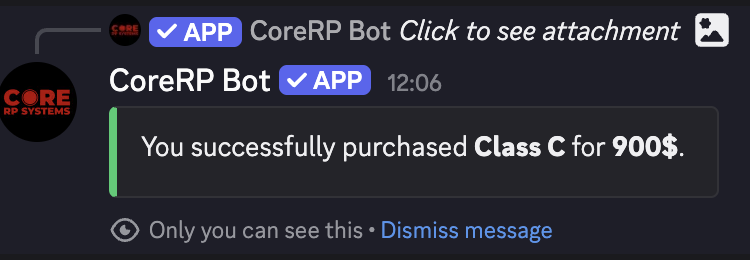 Discord private result confirming the localized Class C licence item was purchased for 900 dollars