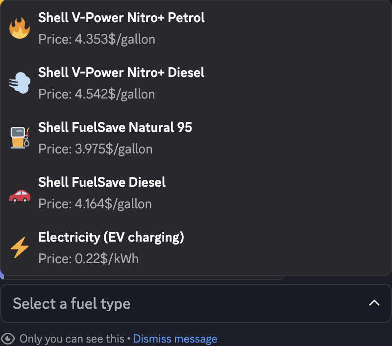Private CoreRP fuel selector showing four liquid fuels and the selected Electricity EV-charging option with current prices