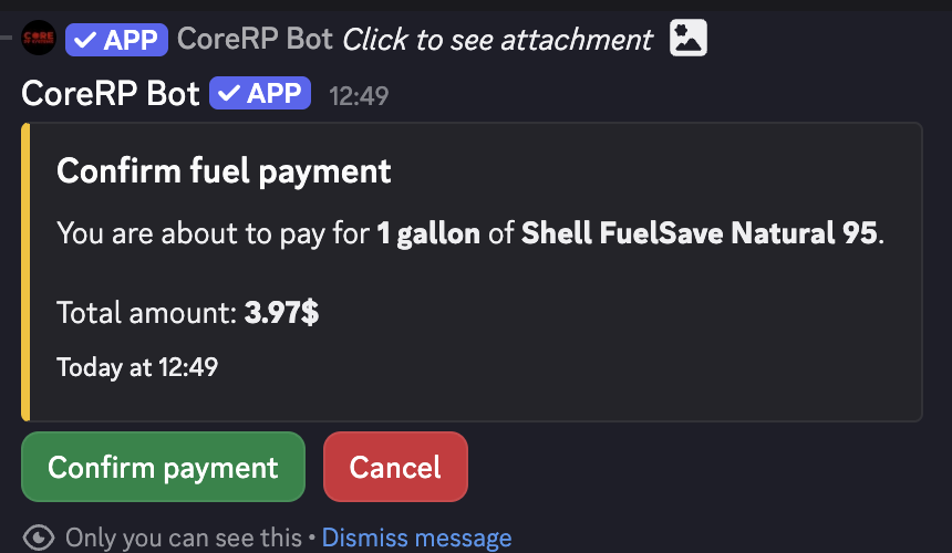 Discord fuel payment confirmation for one kilowatt-hour of EV charging