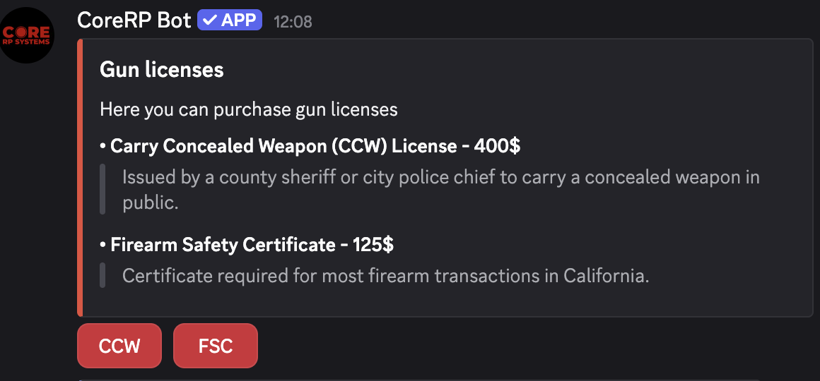 Gun licences panel with CCW and FSC choices and their prices