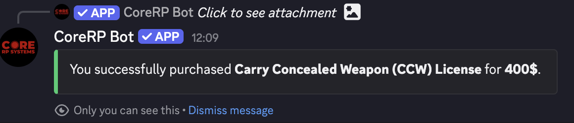 Discord private result confirming the localized CCW licence item was purchased for 400 dollars