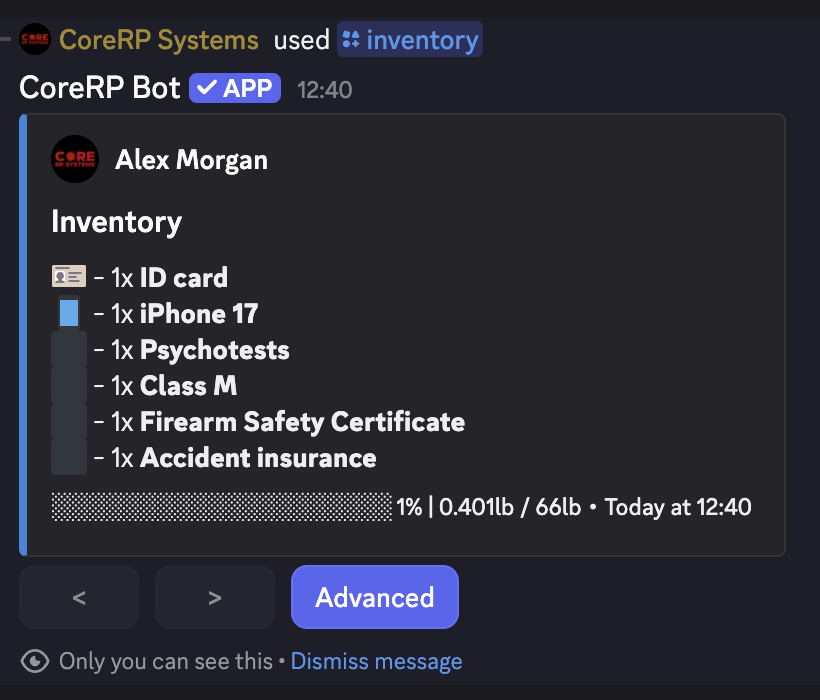 Private CoreRP inventory showing the permanent Accident insurance item after purchase