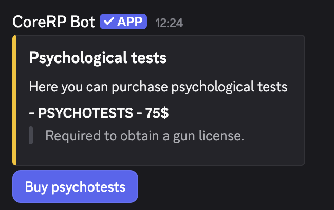 Discord Psychological tests panel with the current price and Buy psychotests button