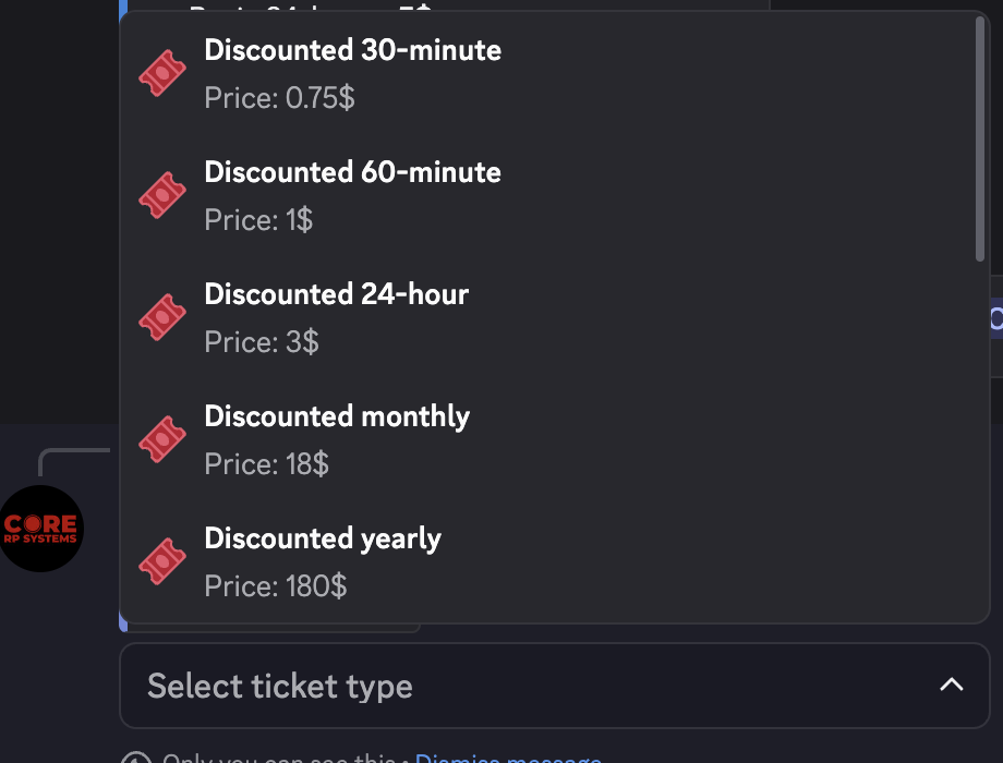 Discord ticket menu showing the five discounted public-transport choices and their prices