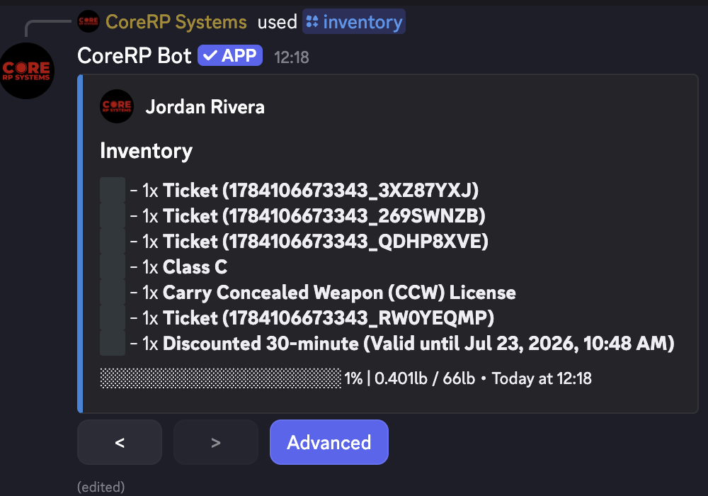 Private CoreRP inventory showing Jordan Rivera's generated public-transport ticket name and valid-until time