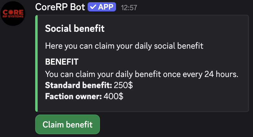 CoreRP Social benefit panel showing the standard and faction-owner rewards and the Claim benefit button