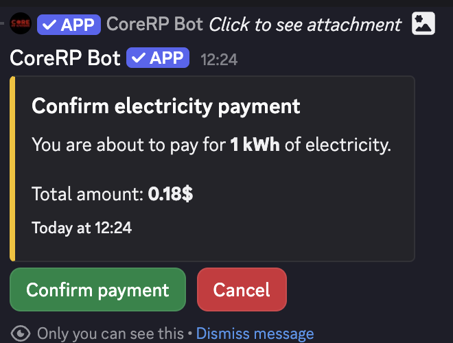 Private CoreRP electricity confirmation showing one kWh and the calculated total