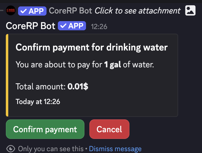 Discord drinking-water payment confirmation for one gallon