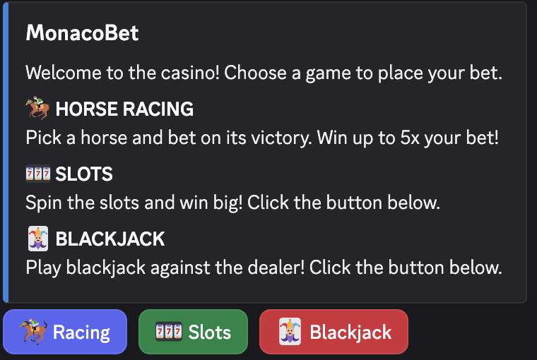 CoreRP MonacoBet panel with Racing, Slots, and Blackjack available