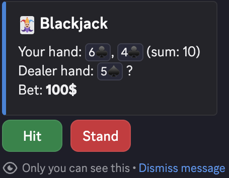 Private CoreRP Blackjack hand showing the player's cards, dealer card, wager, and Hit and Stand controls