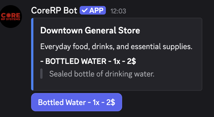 Downtown General Store panel with the Bottled Water product and price