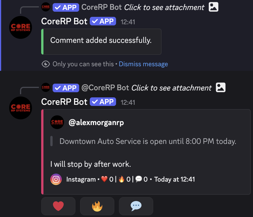 Public CoreRP social comment showing the quoted parent, comment text, controls, and private success result