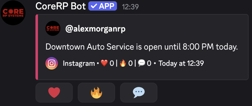 Public CoreRP social post showing the account name, post content, configured footer, reactions, and comment control