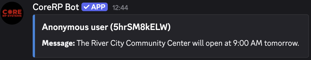 Public CoreRP anonymous message from 5hrSM8kELW announcing the River City Community Center opening time