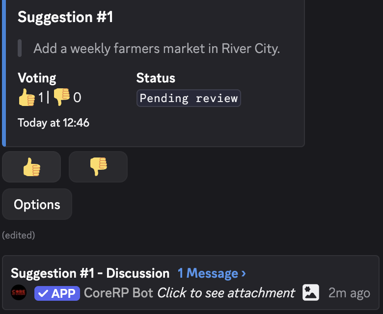 Public CoreRP suggestion card showing its number, voting totals, pending status, and Options button